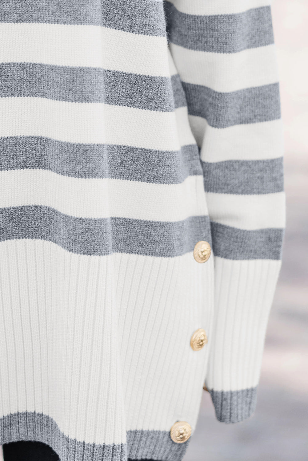 Gray Stripe Ribbed Buttoned Detail Drop Shoulder Tunic Sweater - MAD RUFFI