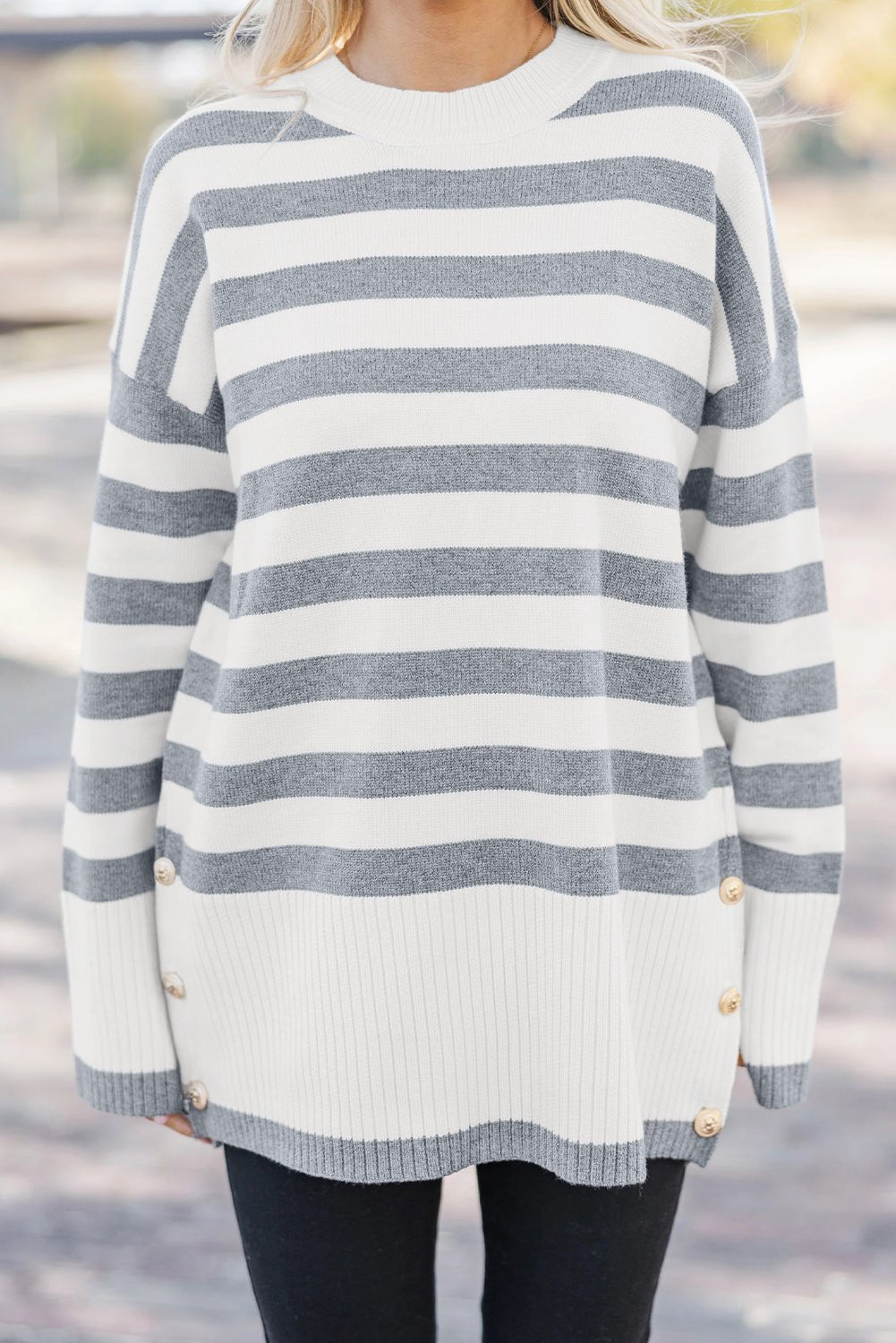 Gray Stripe Ribbed Buttoned Detail Drop Shoulder Tunic Sweater - MAD RUFFI