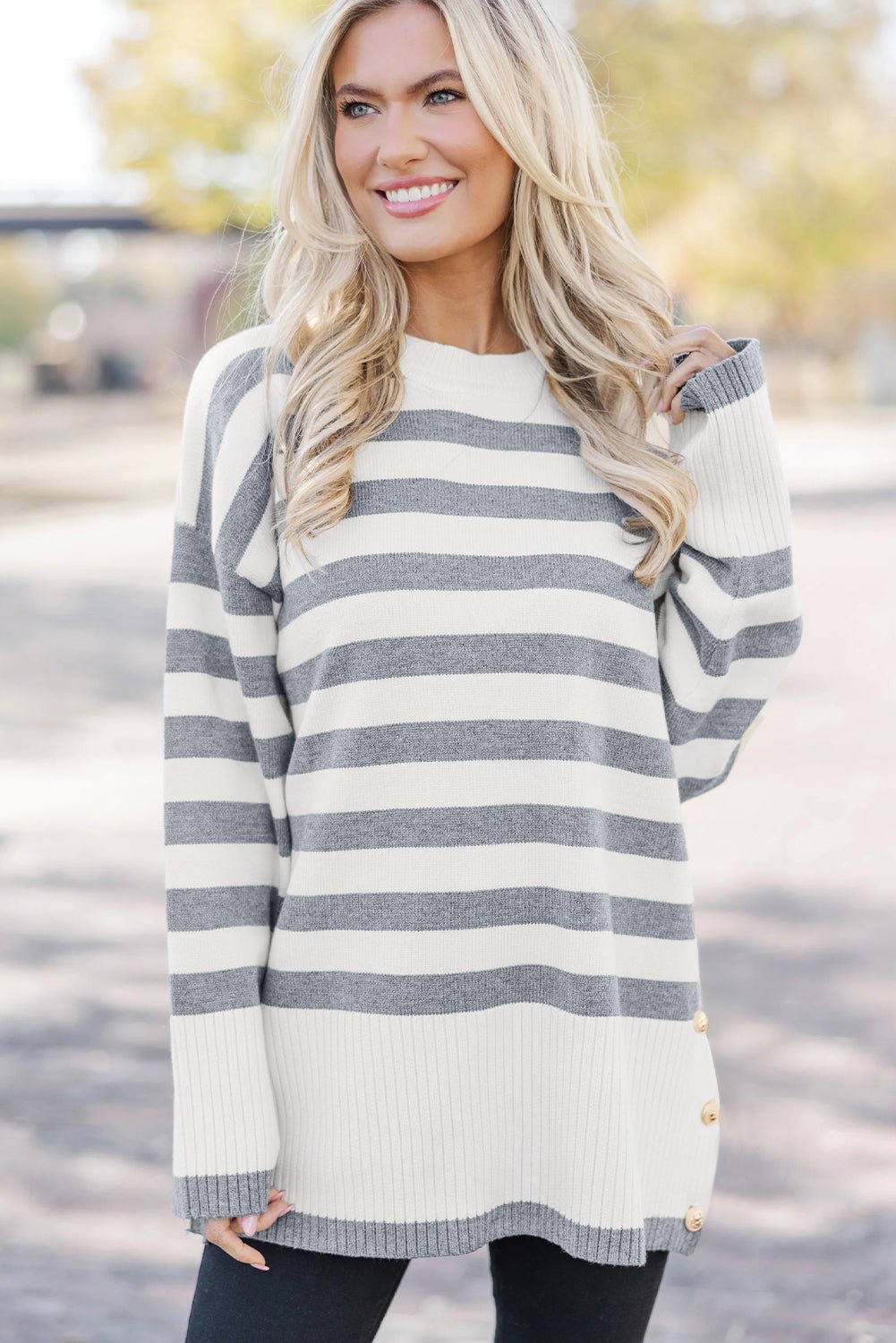 Gray Stripe Ribbed Buttoned Detail Drop Shoulder Tunic Sweater - MAD RUFFI