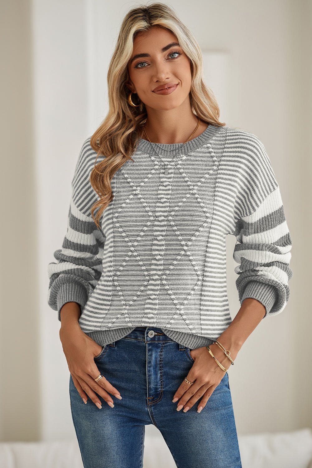 Gray Stripe Twisted Knitted Drop Shoulder Sweater - MAD RUFFI