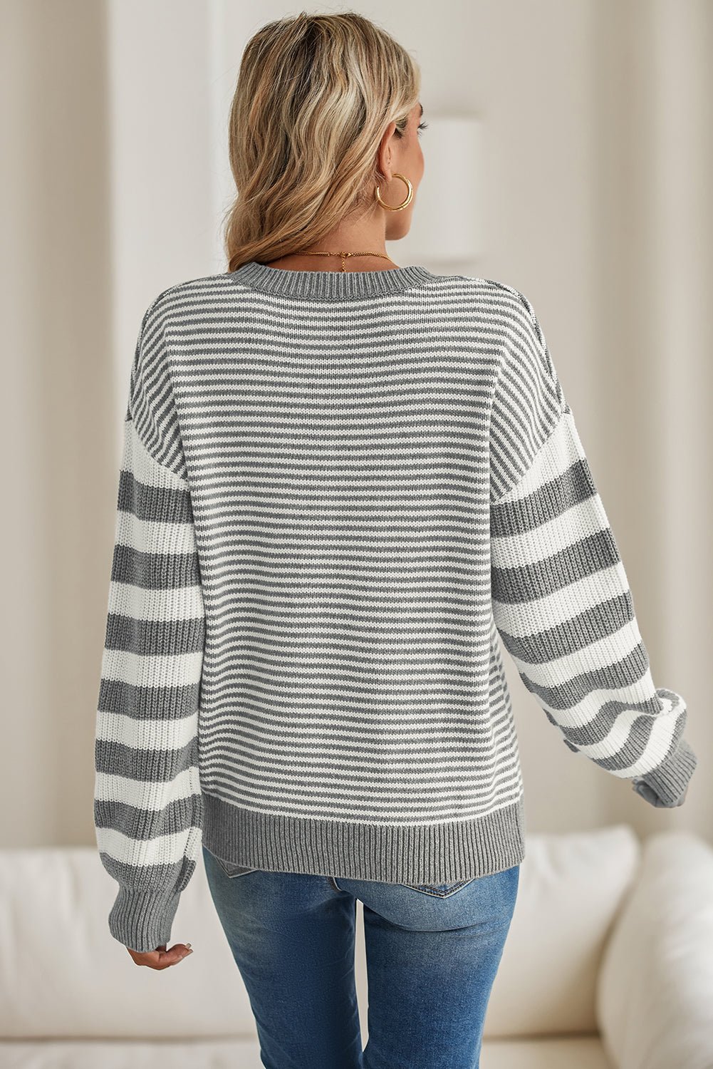 Gray Stripe Twisted Knitted Drop Shoulder Sweater - MAD RUFFI