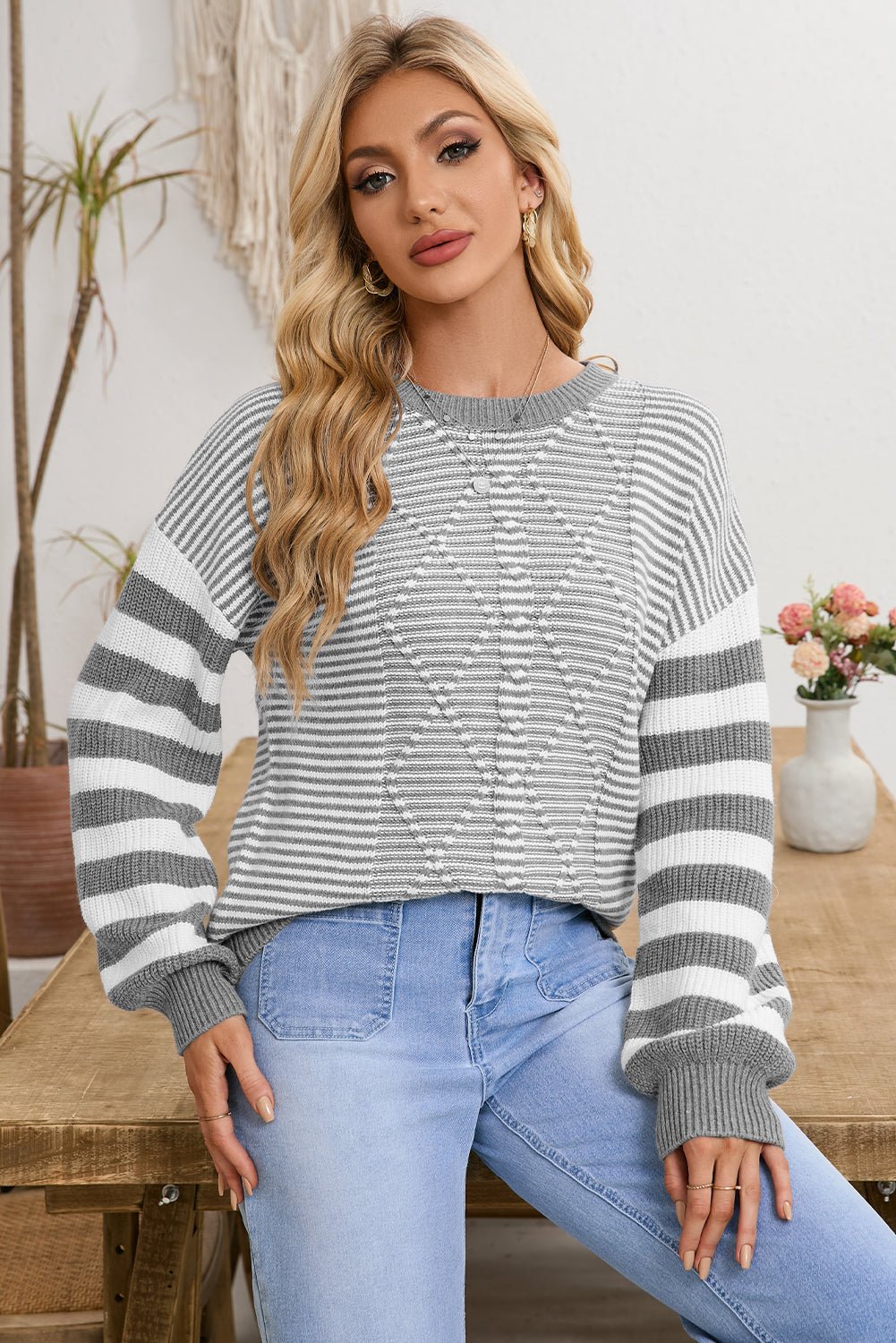Gray Stripe Twisted Knitted Drop Shoulder Sweater - MAD RUFFI