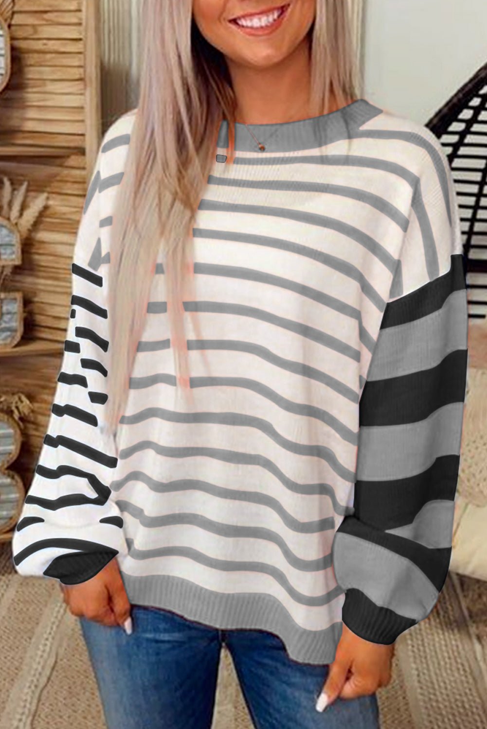 Gray Striped Colorblock Pullover Sweater - MAD RUFFI
