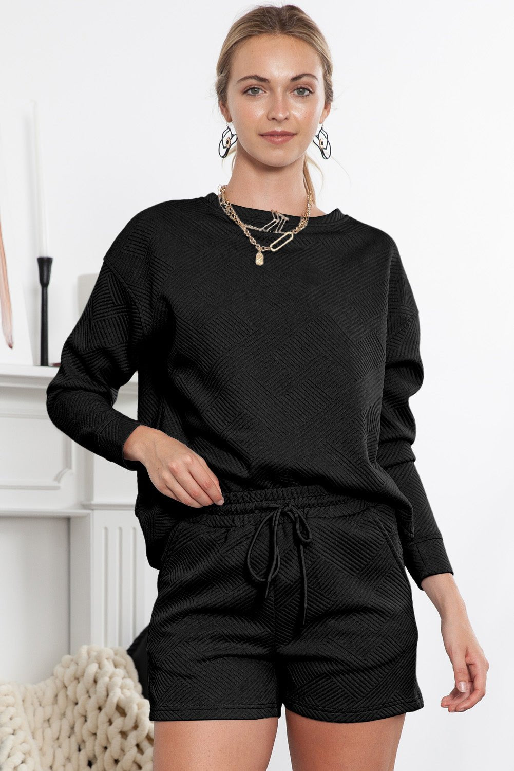 Gray Textured Long Sleeve Top & Drawstring Shorts Set - MAD RUFFI