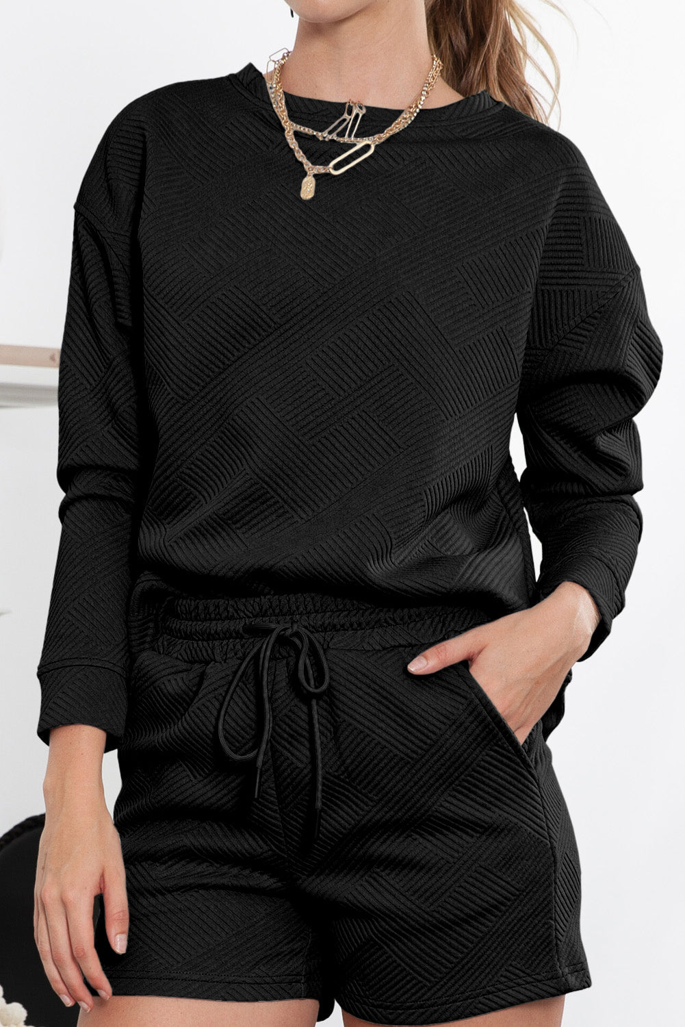 Gray Textured Long Sleeve Top & Drawstring Shorts Set - MAD RUFFI