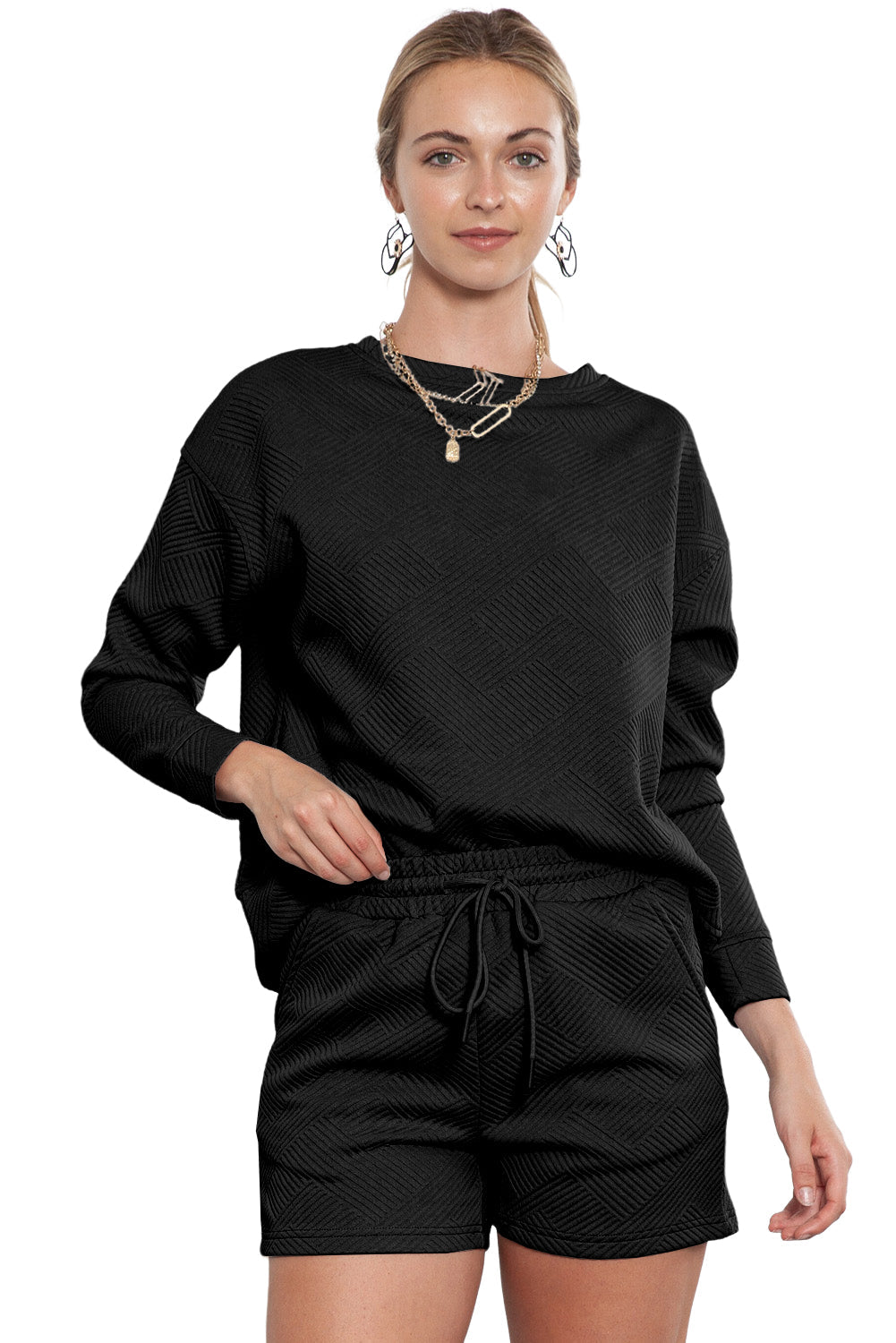 Gray Textured Long Sleeve Top & Drawstring Shorts Set - MAD RUFFI