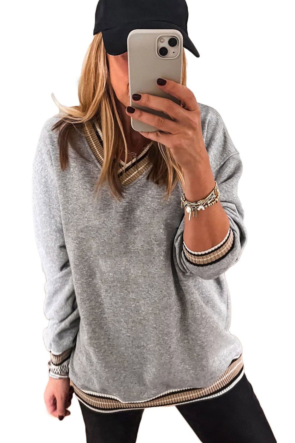 Gray Varsity Contrast Trim V Neck Sweatshirt - MAD RUFFI