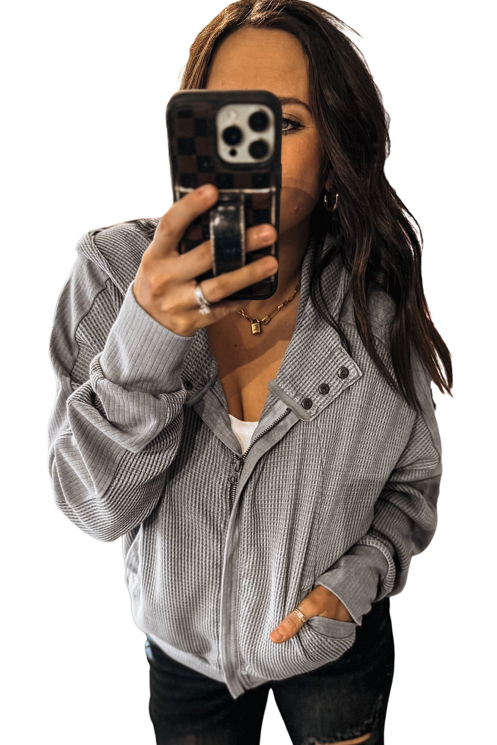 Gray Waffle Splicing Zip Up Front Button Hooded Jacket - MAD RUFFI