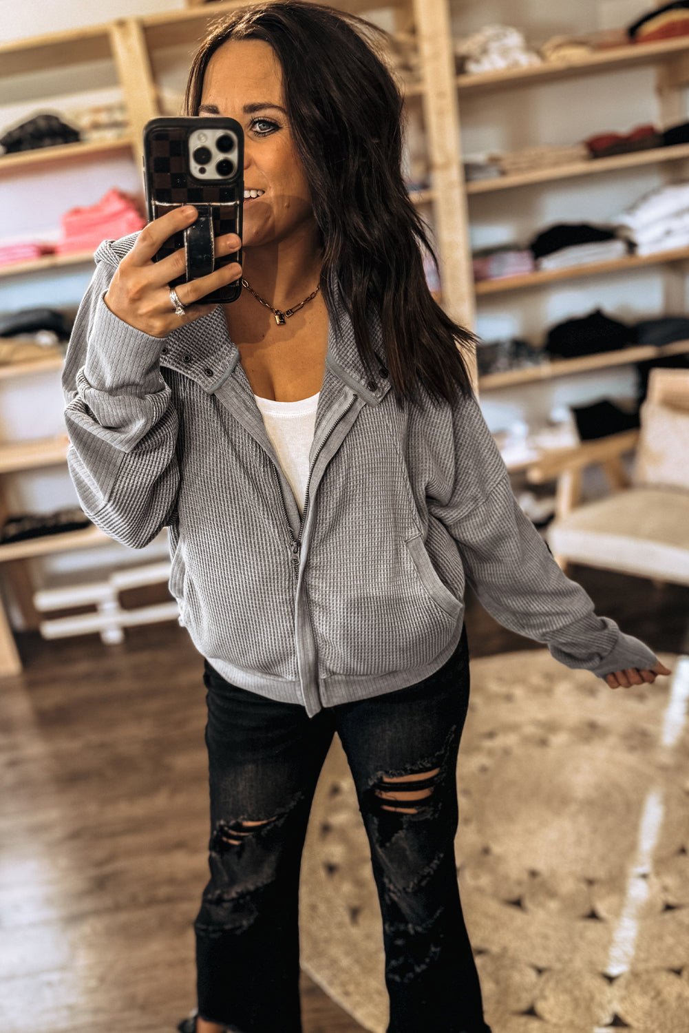 Gray Waffle Splicing Zip Up Front Button Hooded Jacket - MAD RUFFI