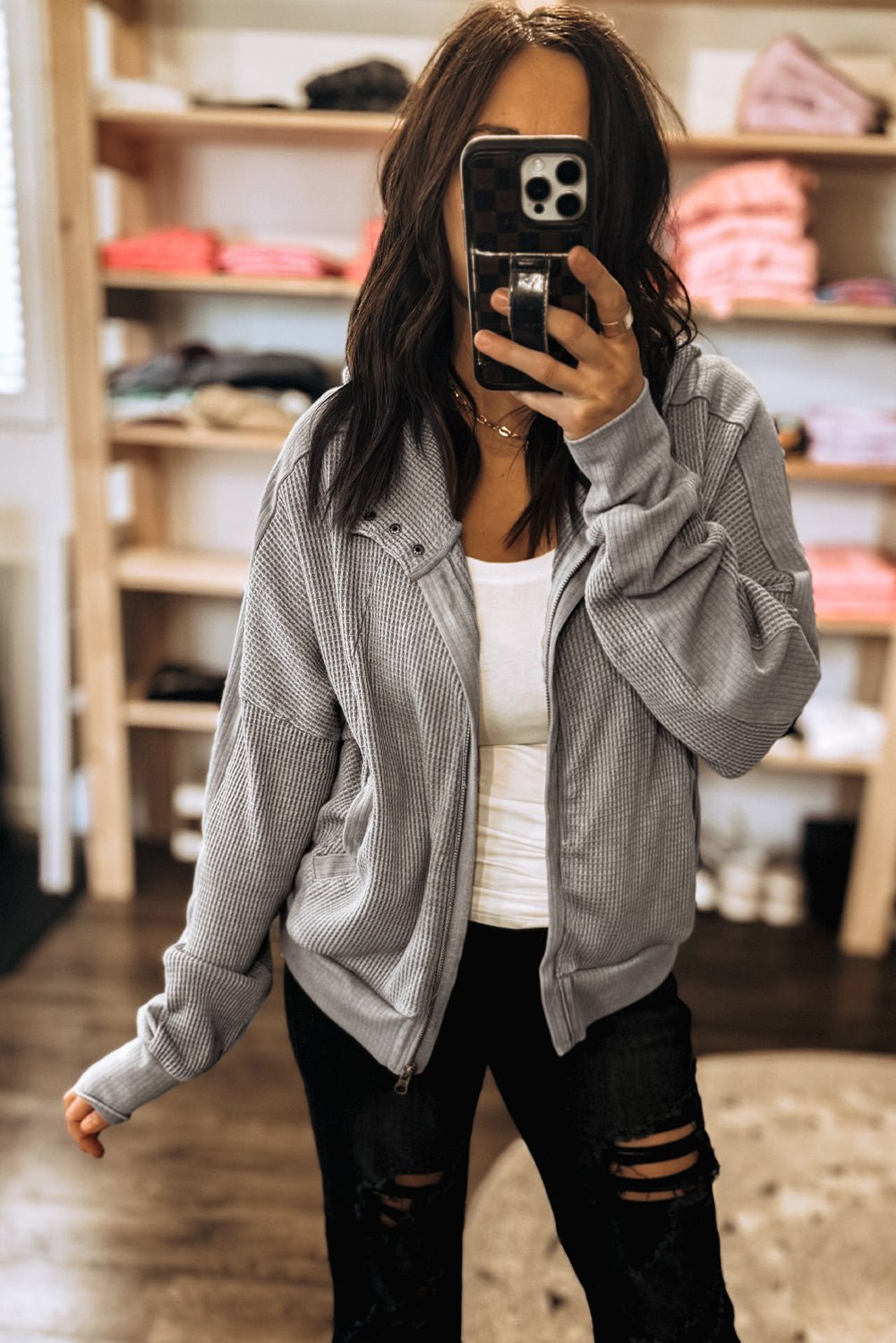 Gray Waffle Splicing Zip Up Front Button Hooded Jacket - MAD RUFFI