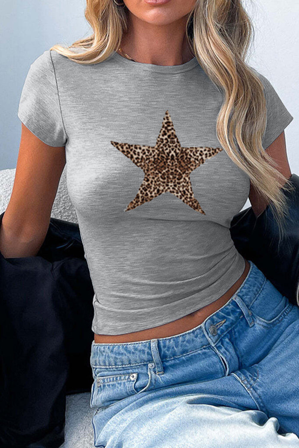 Gray Y2K Sexy Leopard Print Star Graphic Round Neck T-Shirt - MAD RUFFI