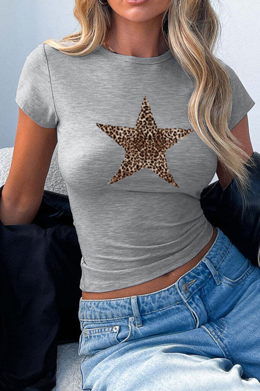 Gray Y2K Sexy Leopard Print Star Graphic Round Neck T-Shirt - MAD RUFFI