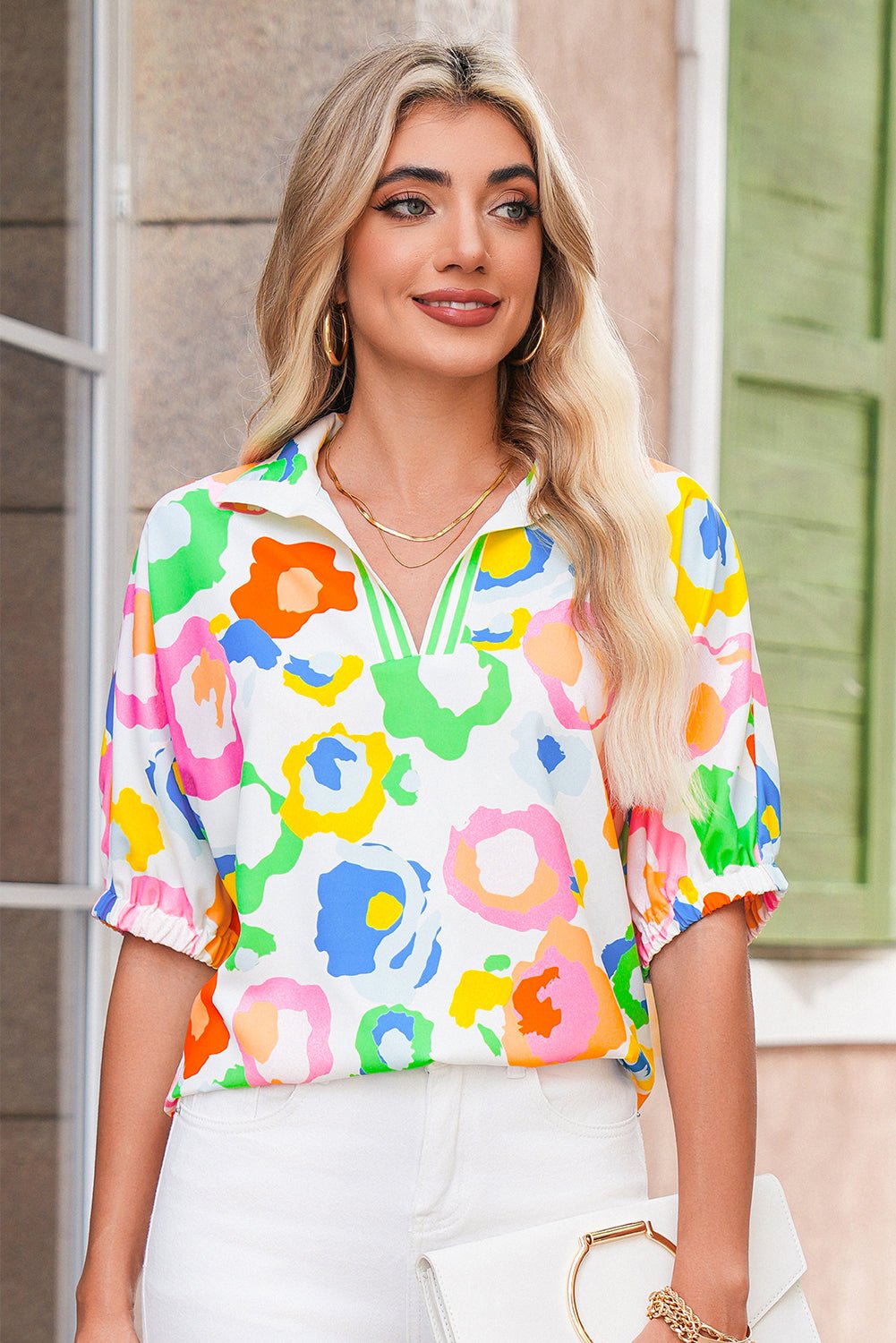 Green Abstract Leopard Short Sleeve Pop of Color Neckline Blouse - MAD RUFFI