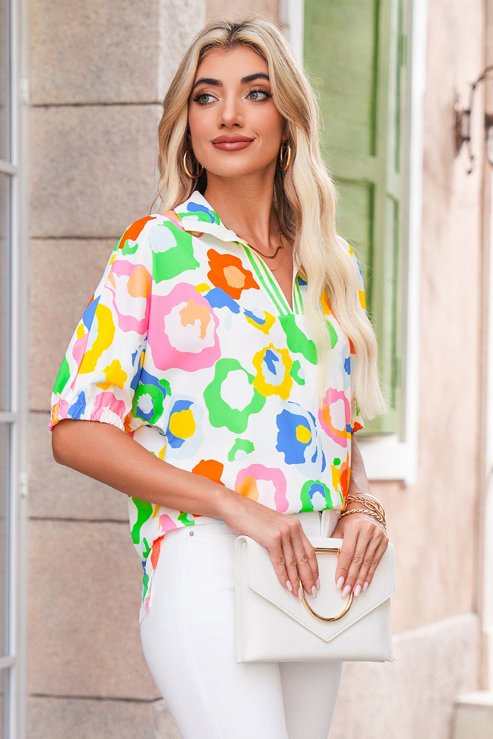 Green Abstract Leopard Short Sleeve Pop of Color Neckline Blouse - MAD RUFFI