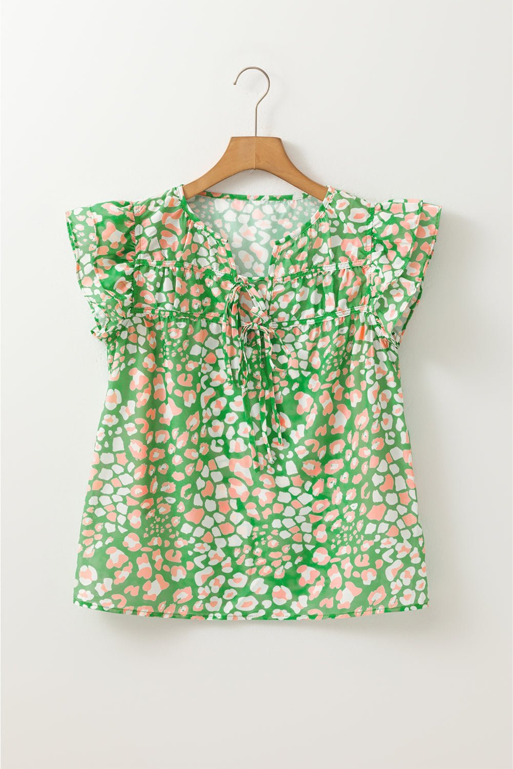 Green Abstract Leopard Tie Front Flutter Sleeve Blouse - MAD RUFFI