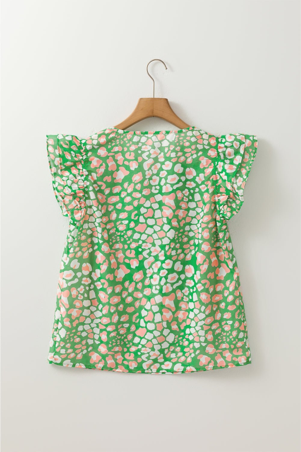Green Abstract Leopard Tie Front Flutter Sleeve Blouse - MAD RUFFI
