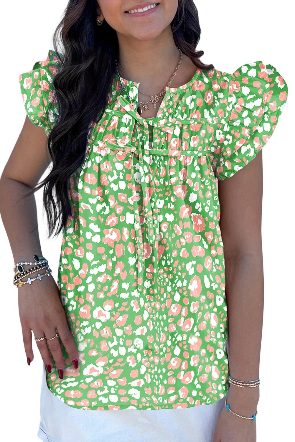 Green Abstract Leopard Tie Front Flutter Sleeve Blouse - MAD RUFFI