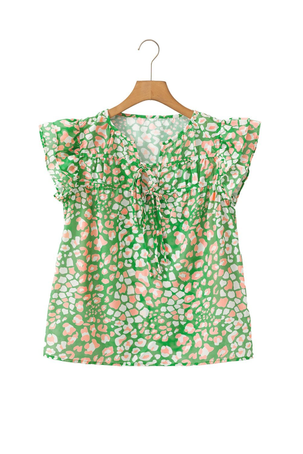 Green Abstract Leopard Tie Front Flutter Sleeve Blouse - MAD RUFFI