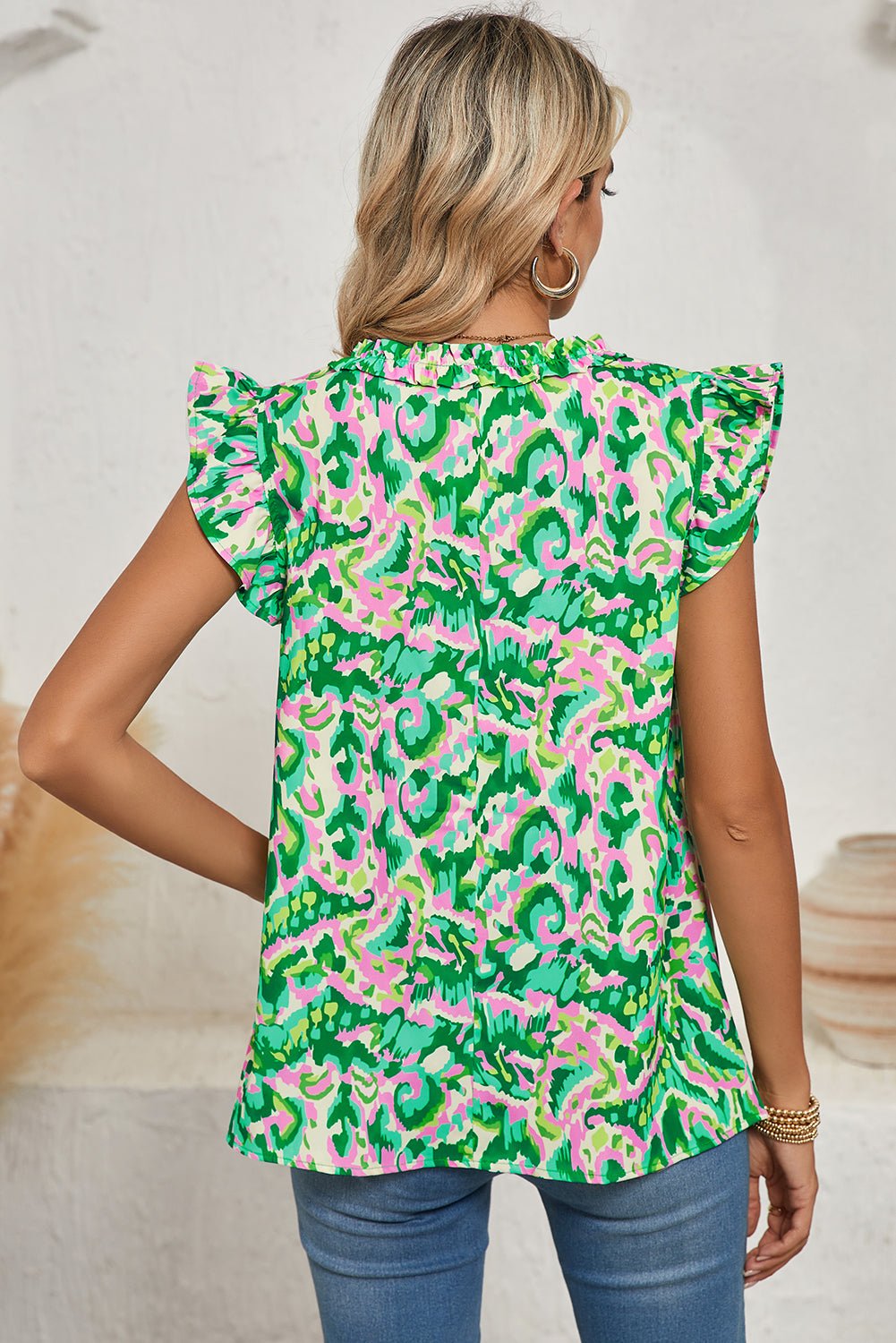 Green Abstract Print Frill Split Neck Ruffle Sleeveless Top - MAD RUFFI