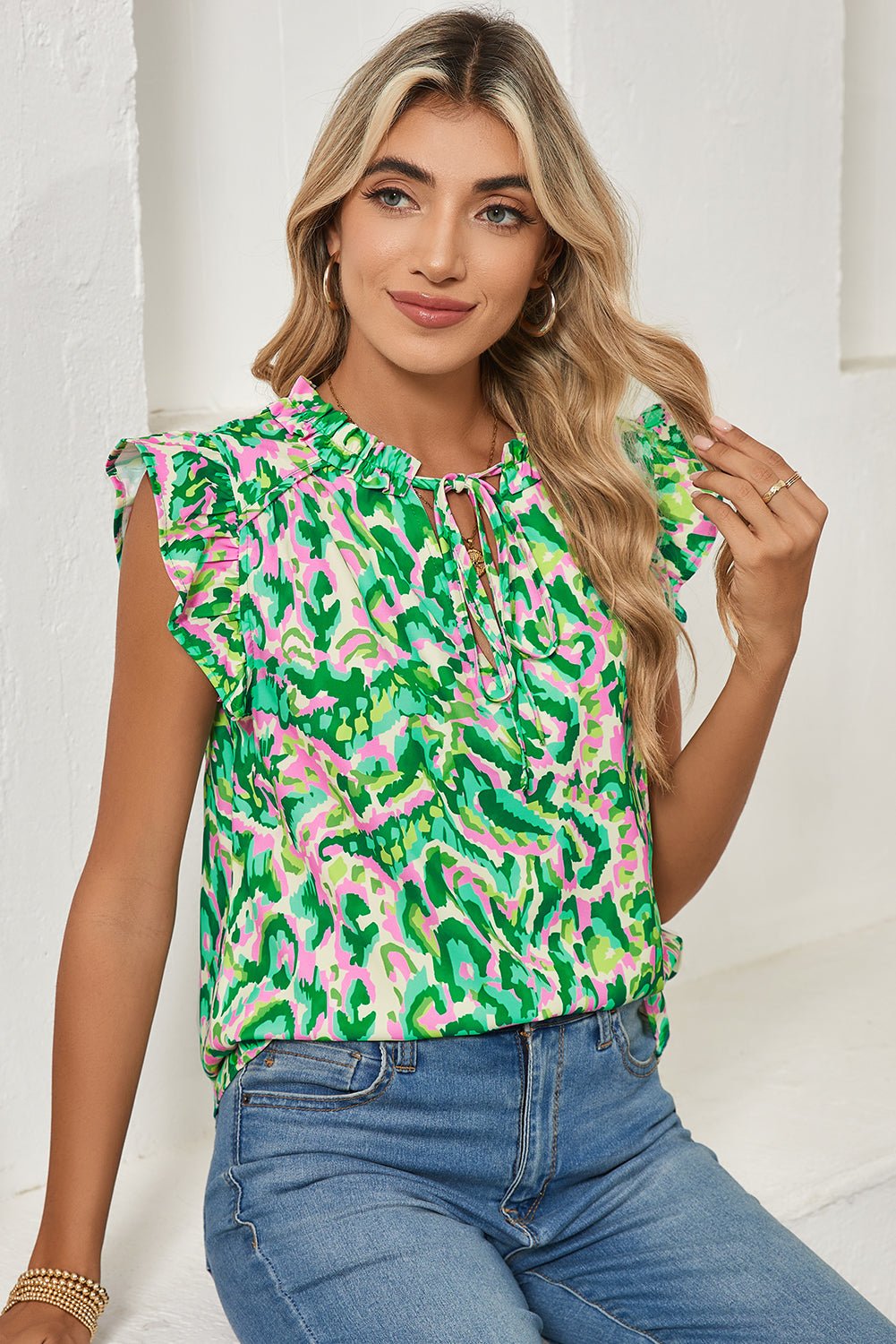 Green Abstract Print Frill Split Neck Ruffle Sleeveless Top - MAD RUFFI