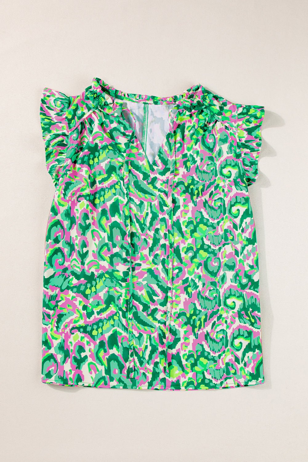 Green Abstract Print Frill Split Neck Ruffle Sleeveless Top - MAD RUFFI
