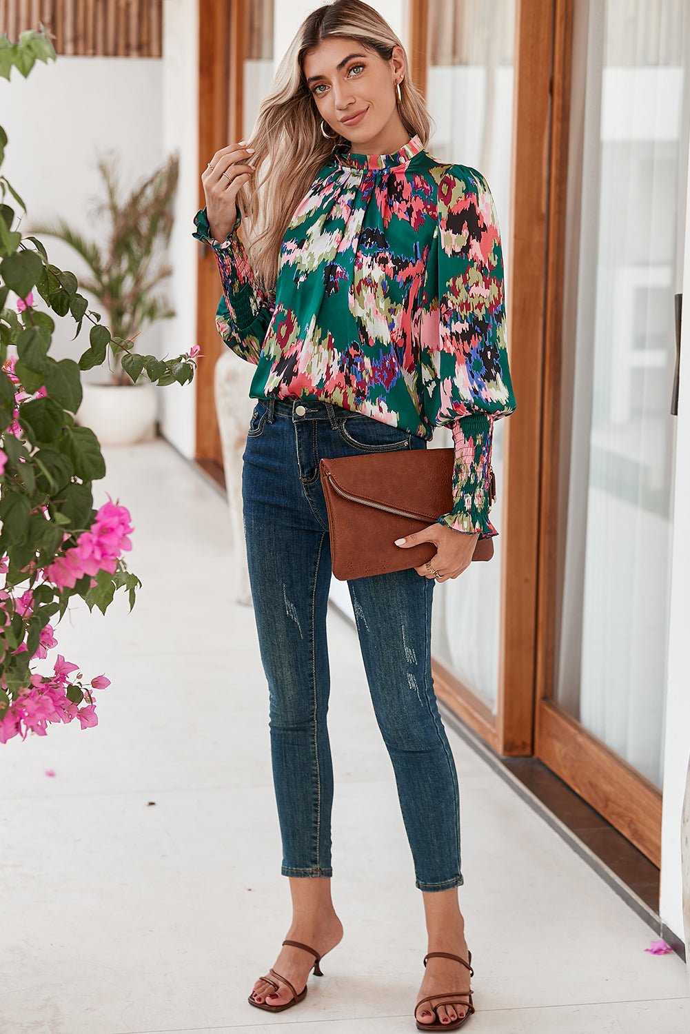 Green Abstract Print Frilled Neck Shirred Cuffs Blouse - MAD RUFFI