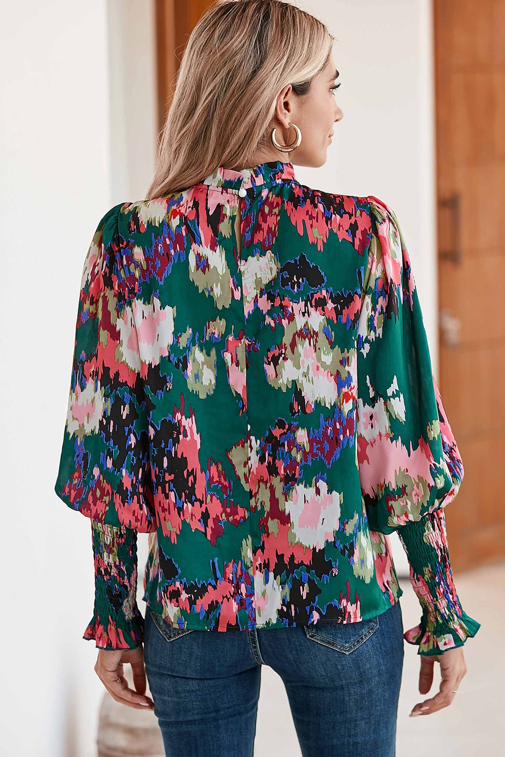 Green Abstract Print Frilled Neck Shirred Cuffs Blouse - MAD RUFFI