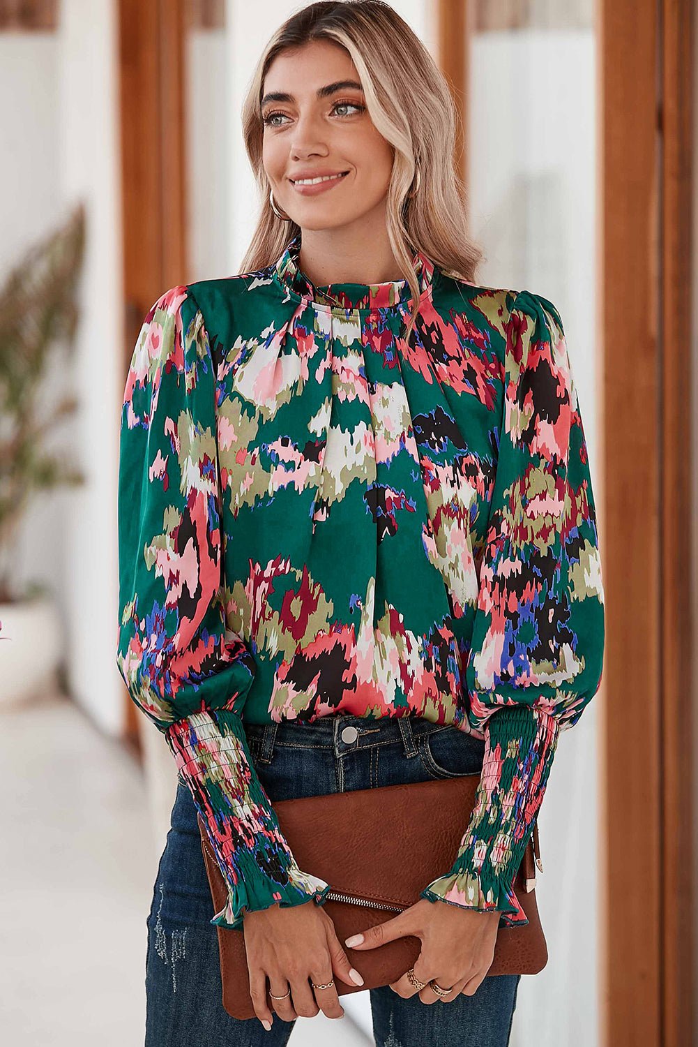 Green Abstract Print Frilled Neck Shirred Cuffs Blouse - MAD RUFFI