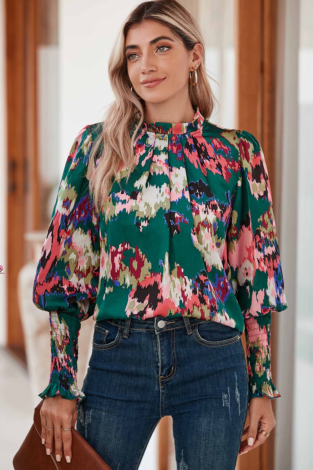 Green Abstract Print Frilled Neck Shirred Cuffs Blouse - MAD RUFFI