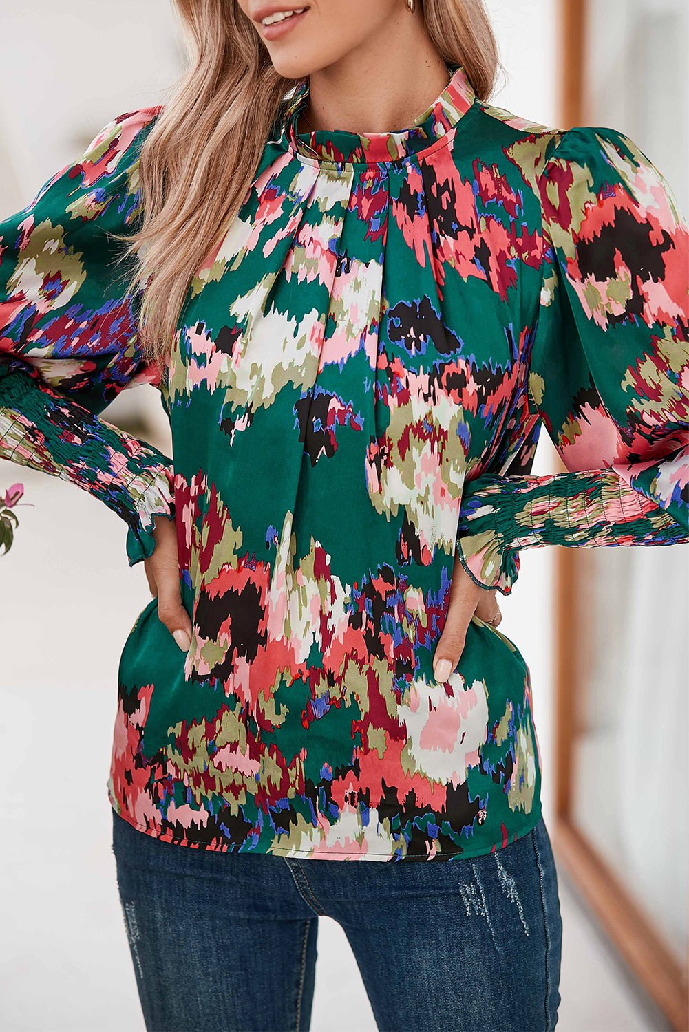 Green Abstract Print Frilled Neck Shirred Cuffs Blouse - MAD RUFFI