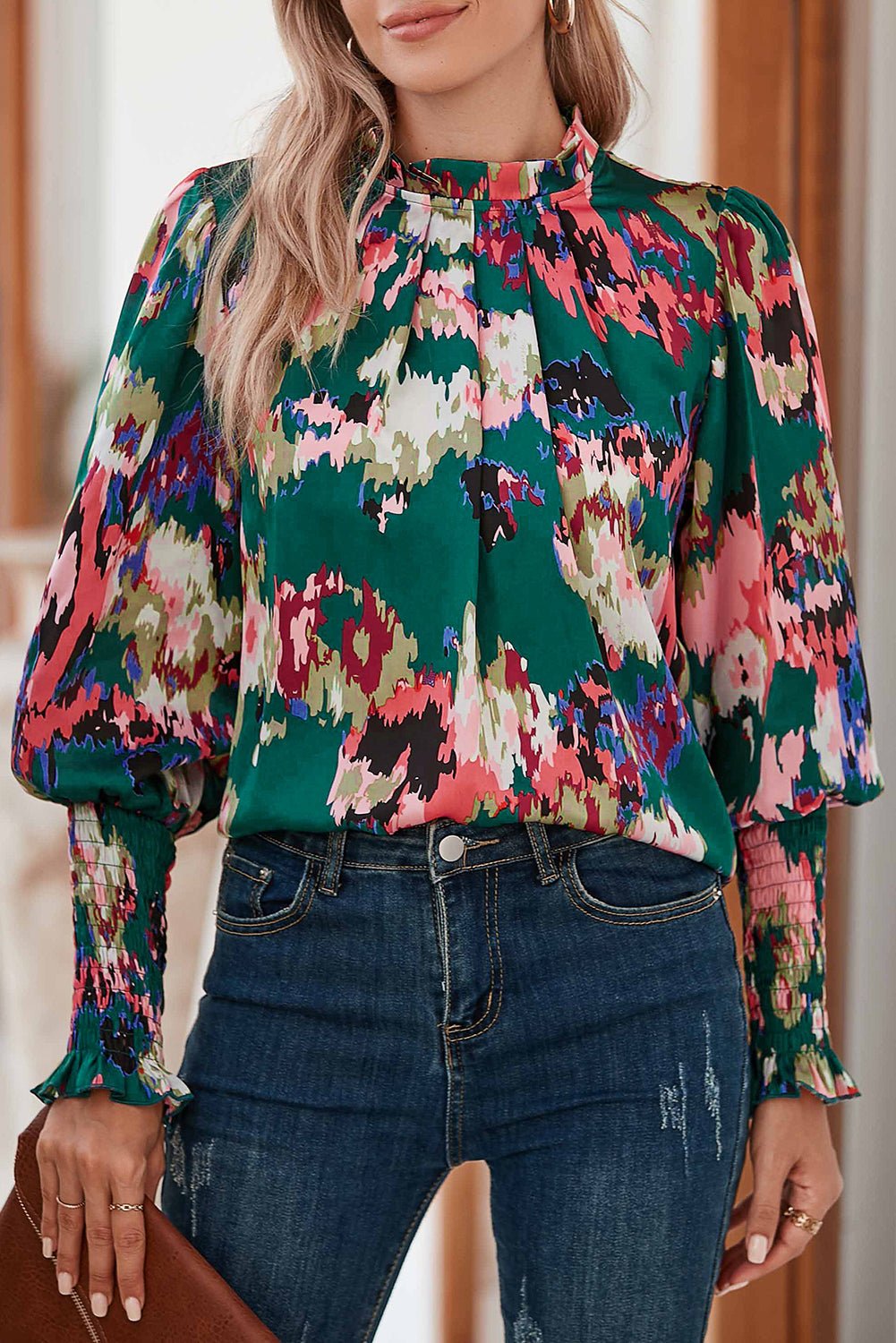 Green Abstract Print Frilled Neck Shirred Cuffs Blouse - MAD RUFFI