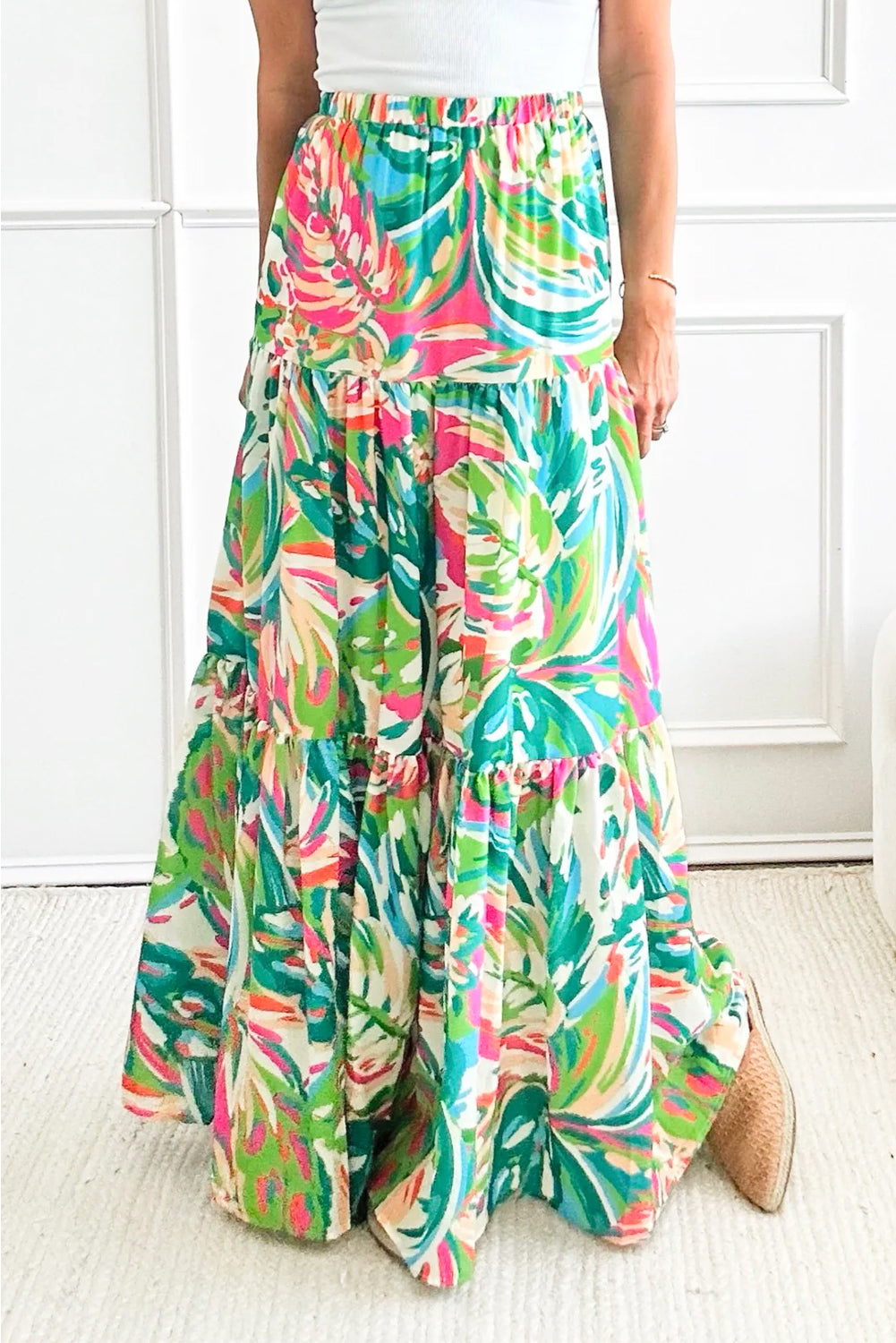 Green Abstract Printed High Waist Tiered Maxi Skirt - MAD RUFFI