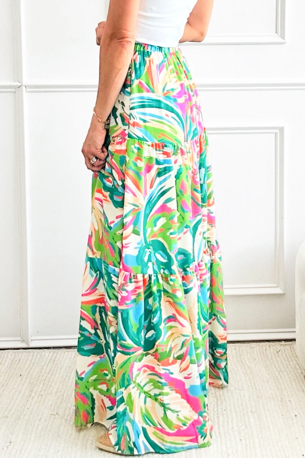 Green Abstract Printed High Waist Tiered Maxi Skirt - MAD RUFFI