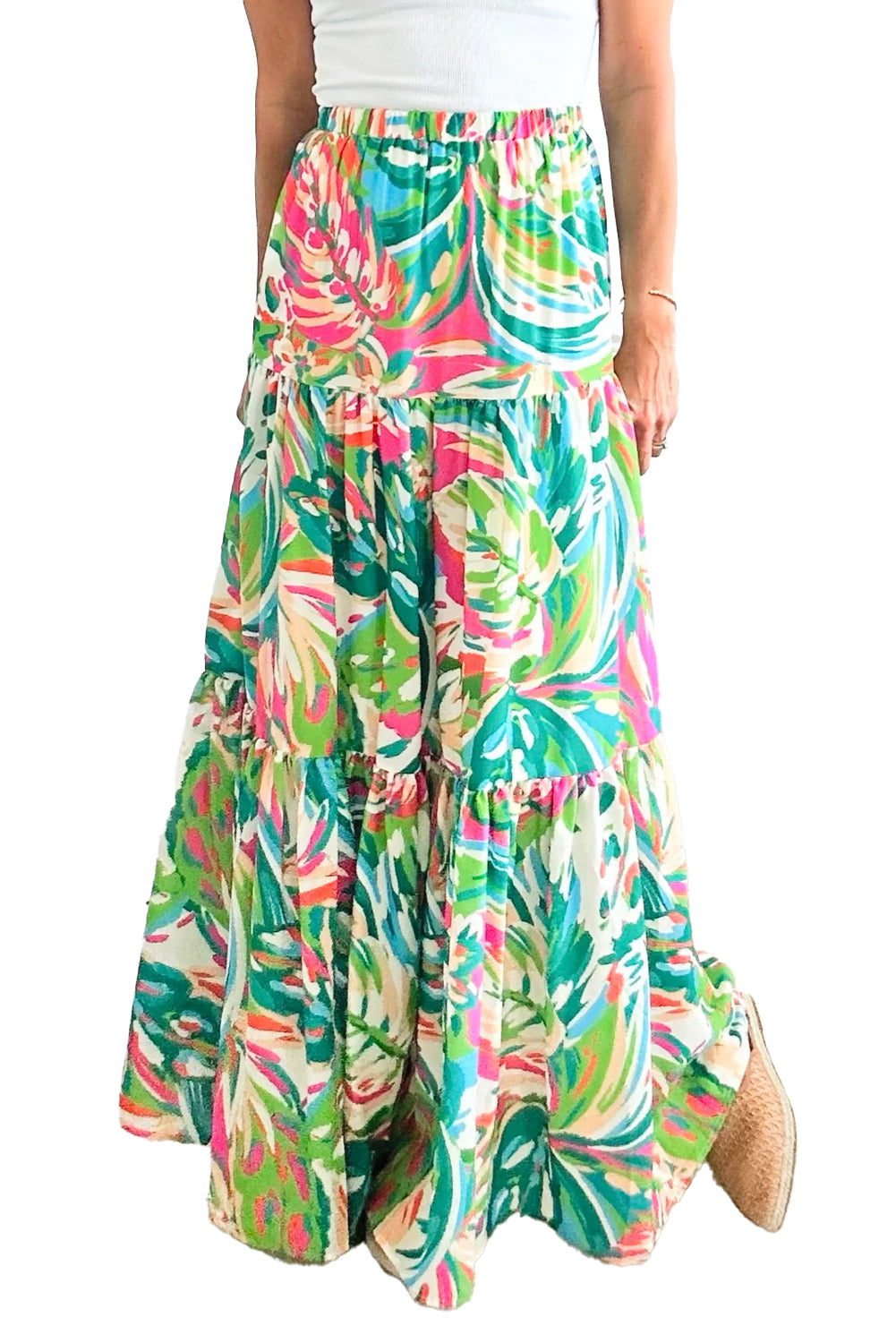 Green Abstract Printed High Waist Tiered Maxi Skirt - MAD RUFFI