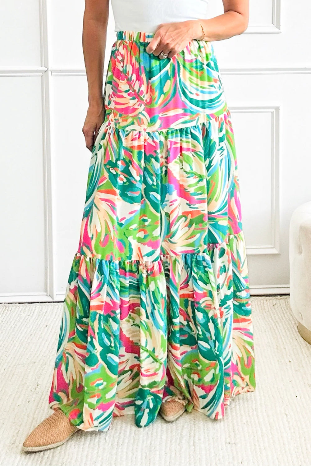 Green Abstract Printed High Waist Tiered Maxi Skirt - MAD RUFFI