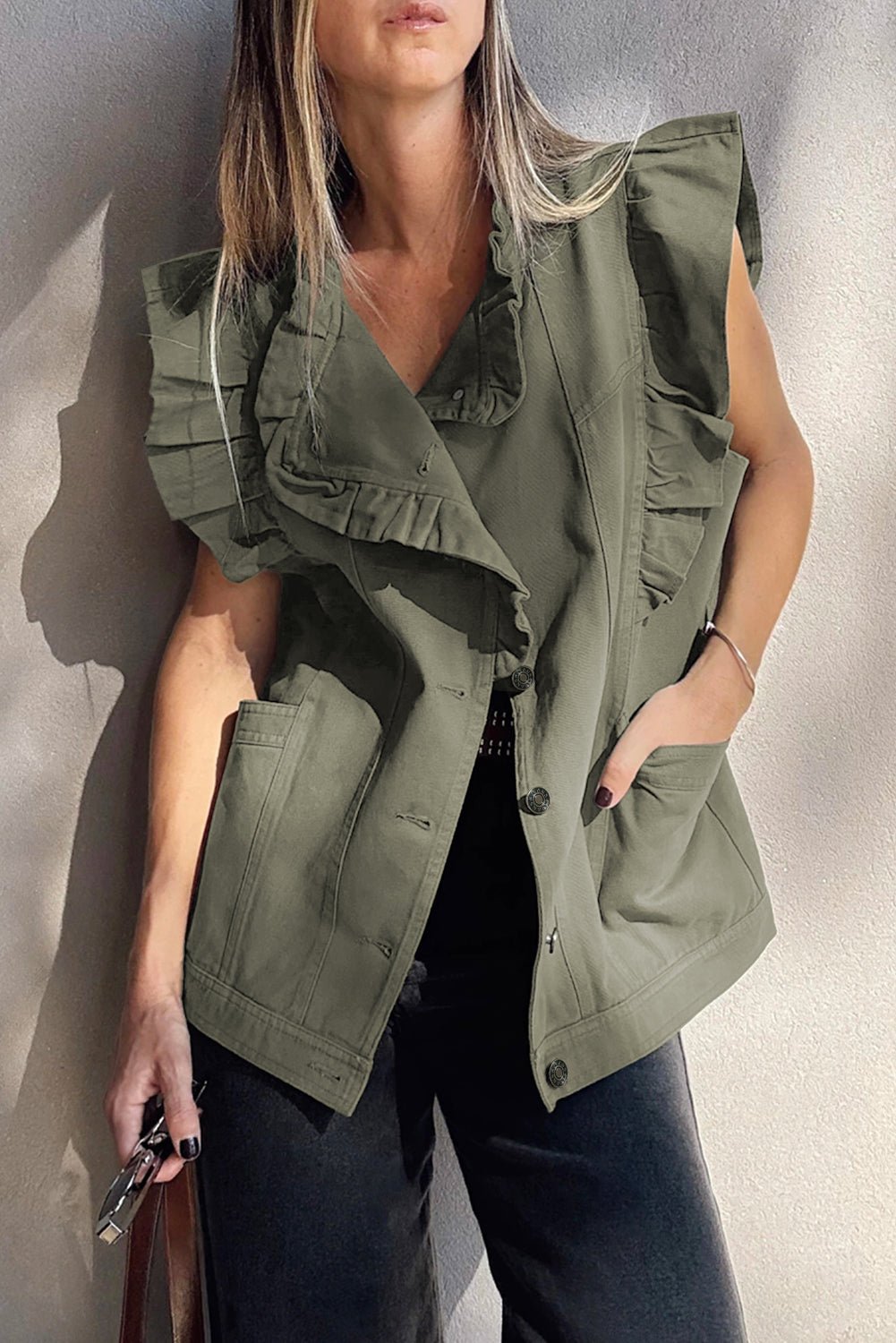 Green Bay Ruffle Plain Denim Jacket Vest - MAD RUFFI
