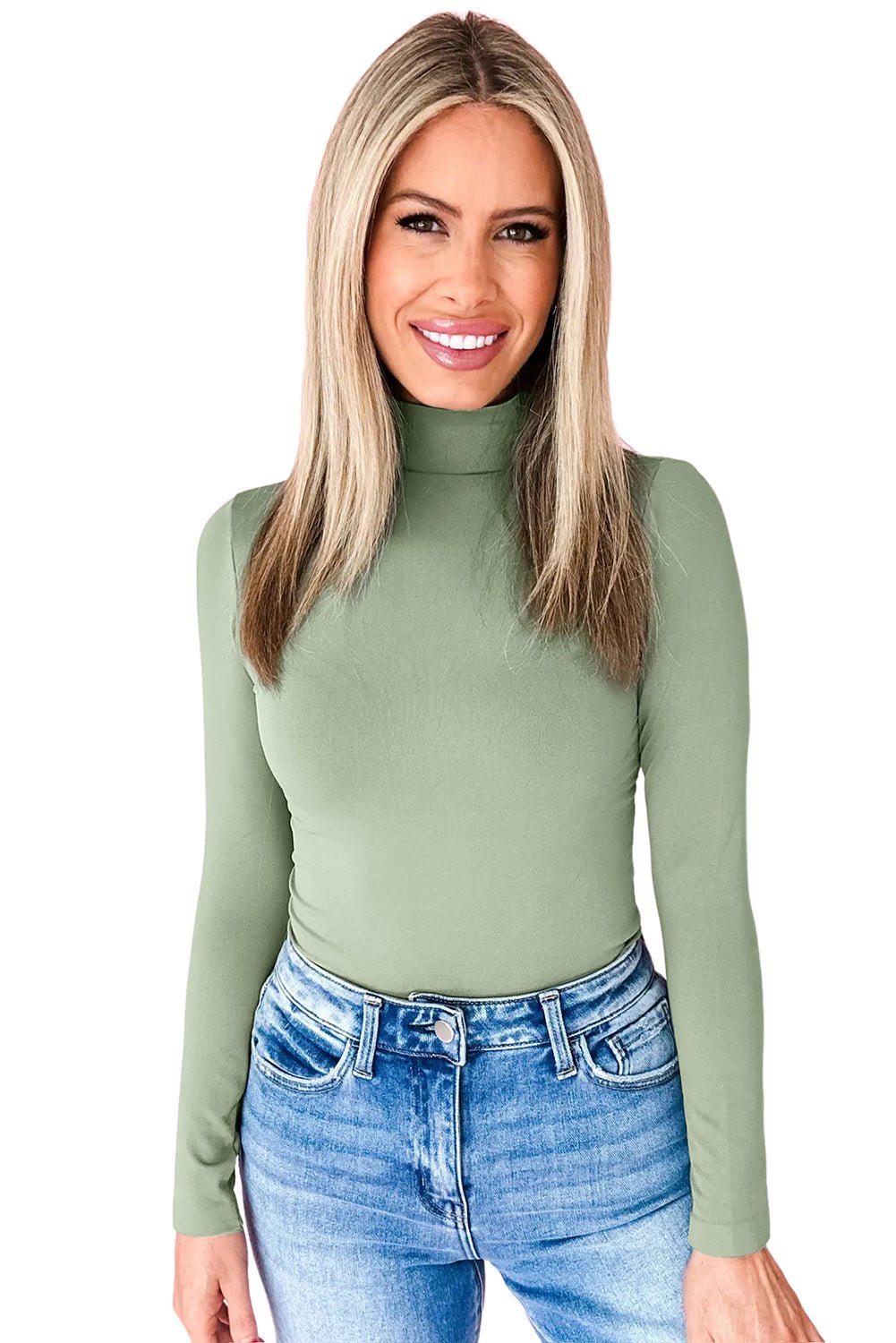 Green Bay Slim Fit High Neck Long Sleeve Basic Top - MAD RUFFI