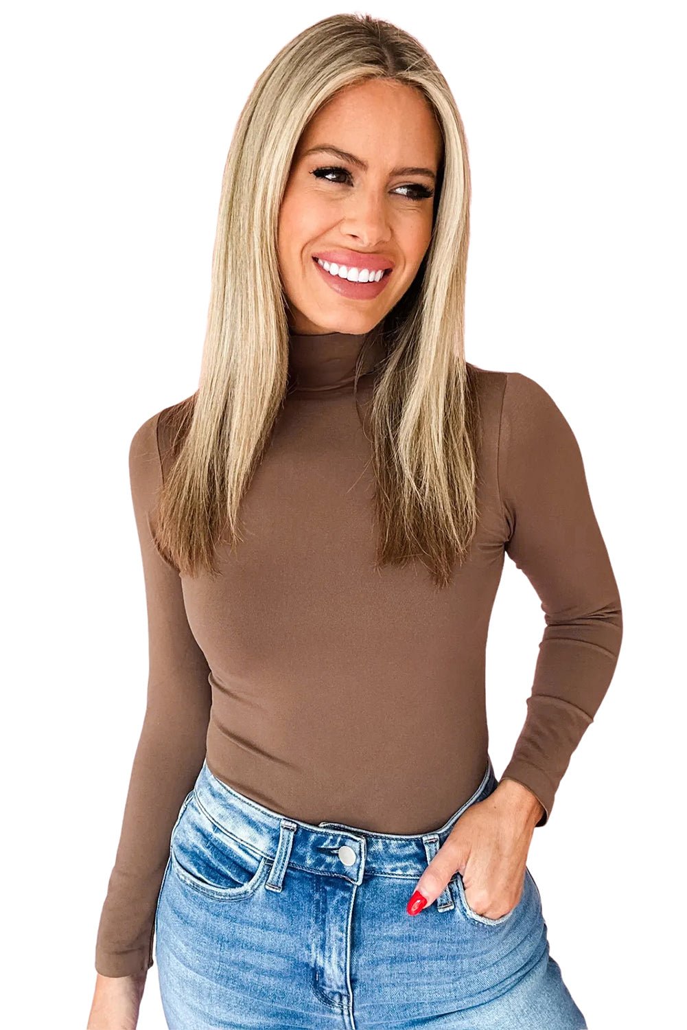 Green Bay Slim Fit High Neck Long Sleeve Basic Top - MAD RUFFI