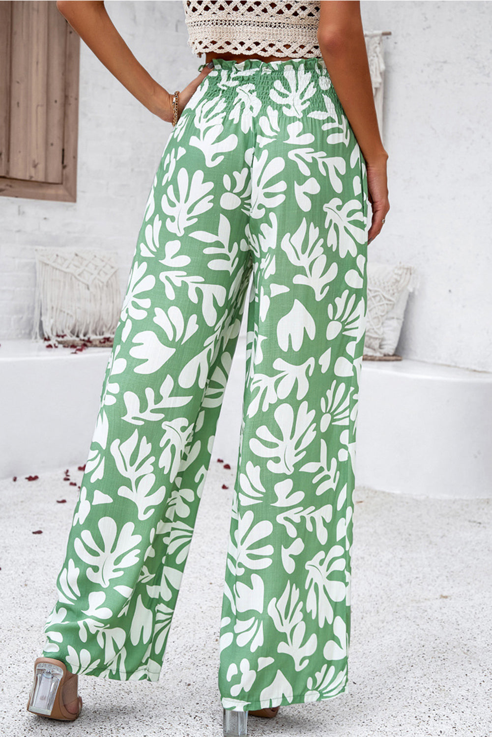 Green Boho Floral Print Frill Elastic Waist Pants - MAD RUFFI