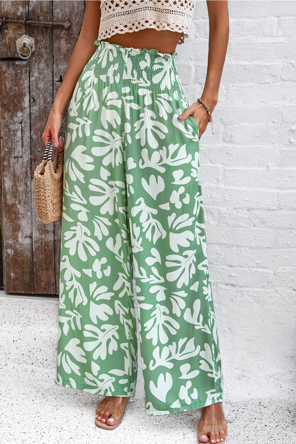 Green Boho Floral Print Frill Elastic Waist Pants - MAD RUFFI