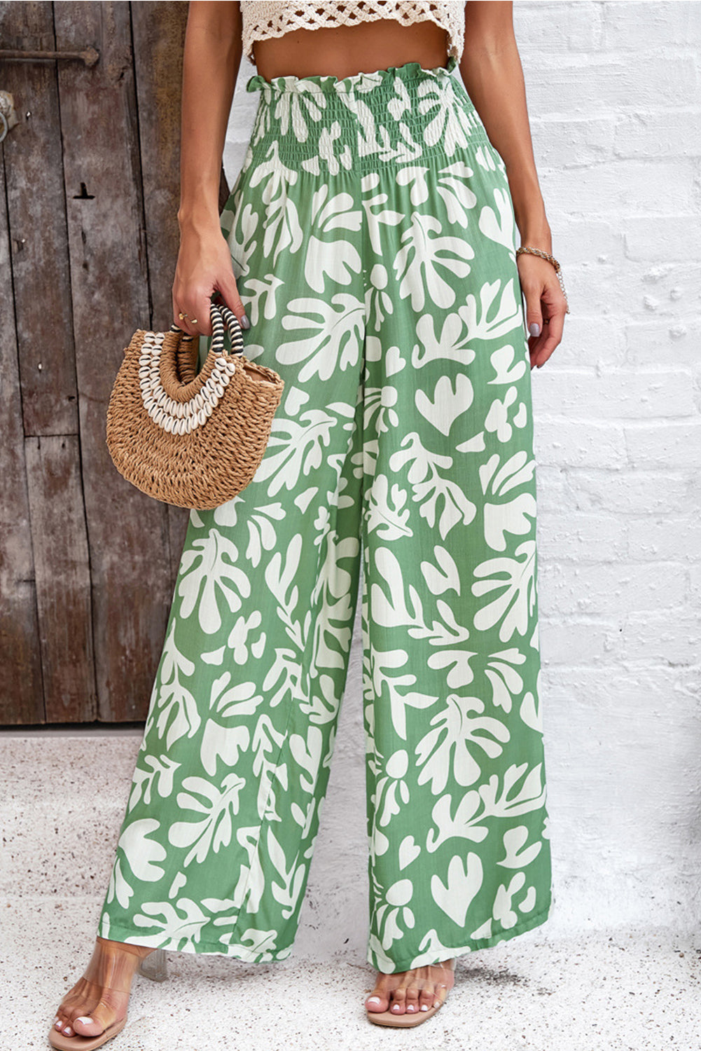 Green Boho Floral Print Frill Elastic Waist Pants - MAD RUFFI