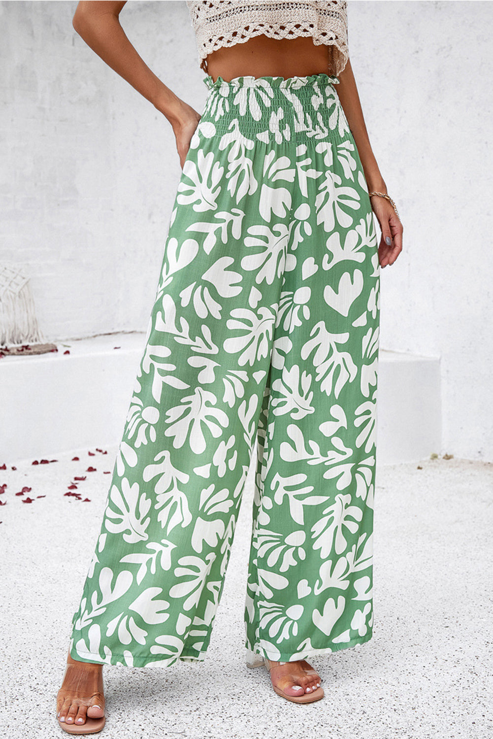 Green Boho Floral Print Frill Elastic Waist Pants - MAD RUFFI