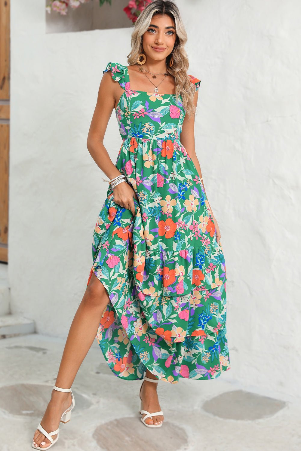 Green Boho Floral Print Ruffle Sleeveless Tiered Maxi Dress - MAD RUFFI