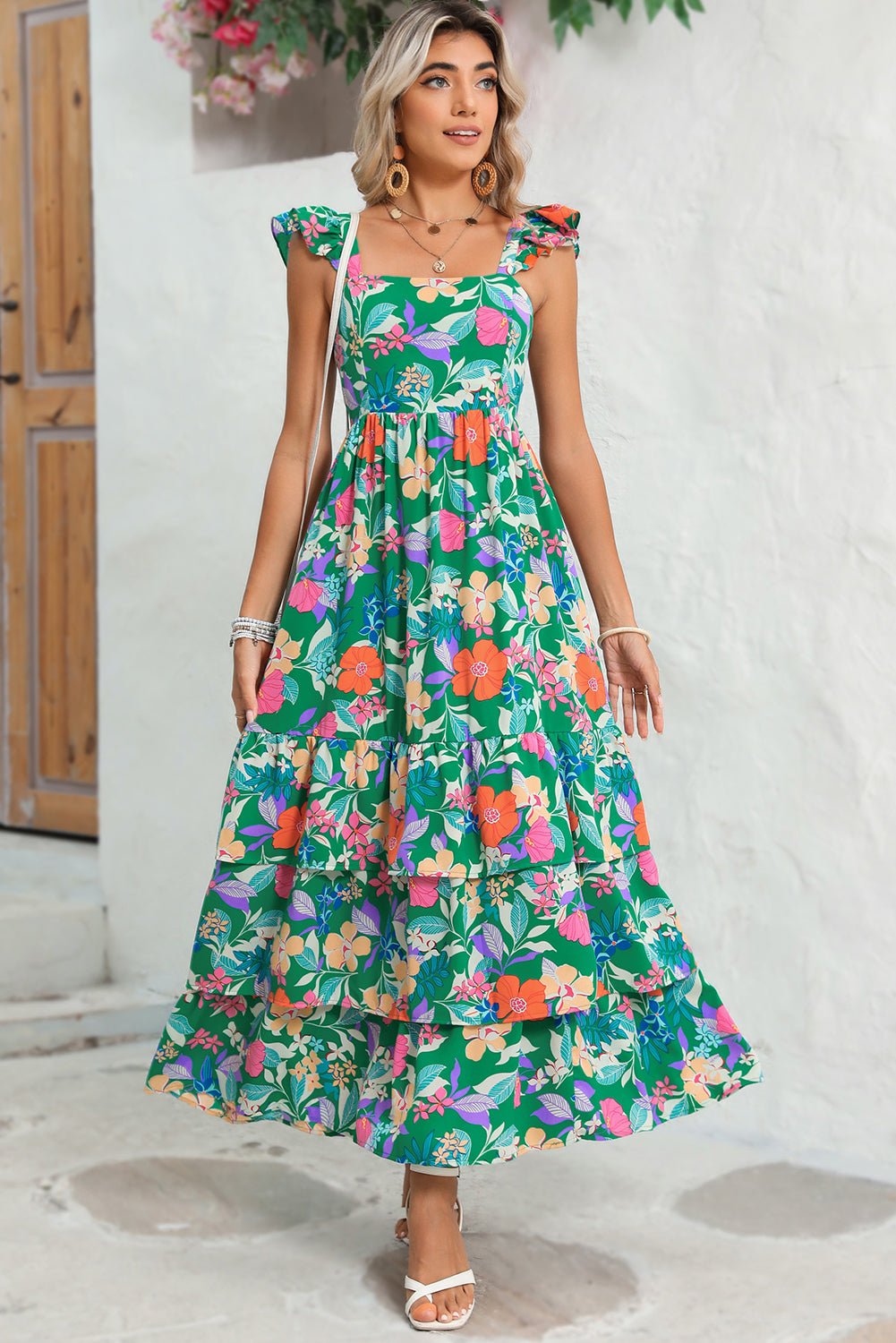 Green Boho Floral Print Ruffle Sleeveless Tiered Maxi Dress - MAD RUFFI