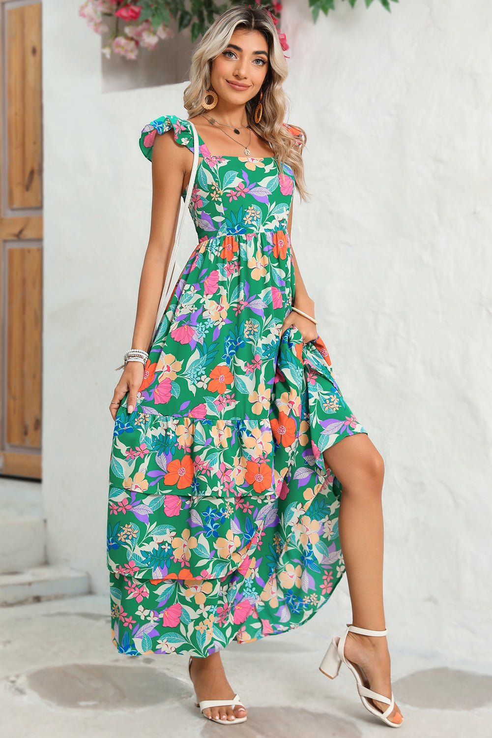 Green Boho Floral Print Ruffle Sleeveless Tiered Maxi Dress - MAD RUFFI