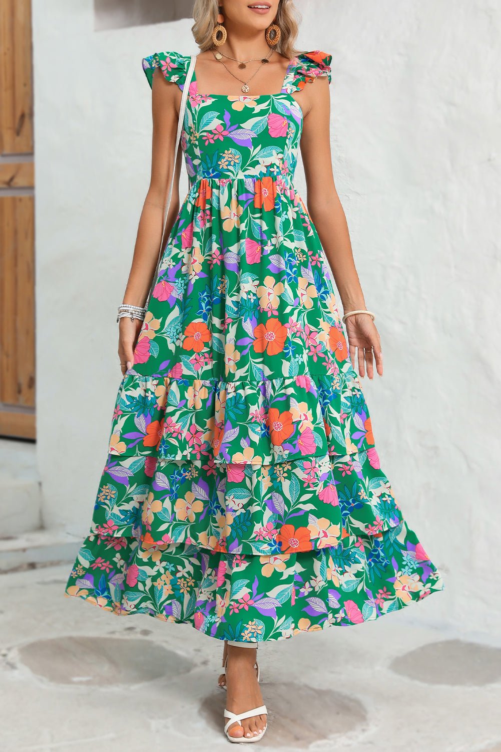 Green Boho Floral Print Ruffle Sleeveless Tiered Maxi Dress - MAD RUFFI