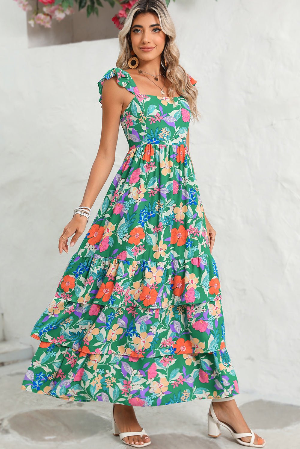 Green Boho Floral Print Ruffle Sleeveless Tiered Maxi Dress - MAD RUFFI