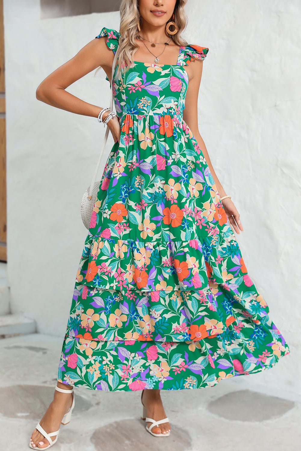 Green Boho Floral Print Ruffle Sleeveless Tiered Maxi Dress - MAD RUFFI