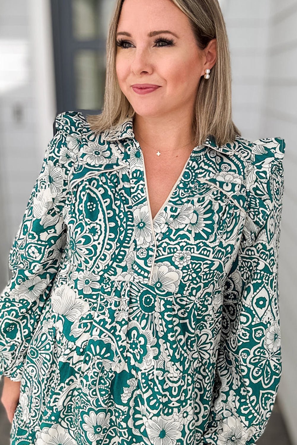 Green Boho Floral Puff Sleeve Split Neck Plus Size Dress - MAD RUFFI