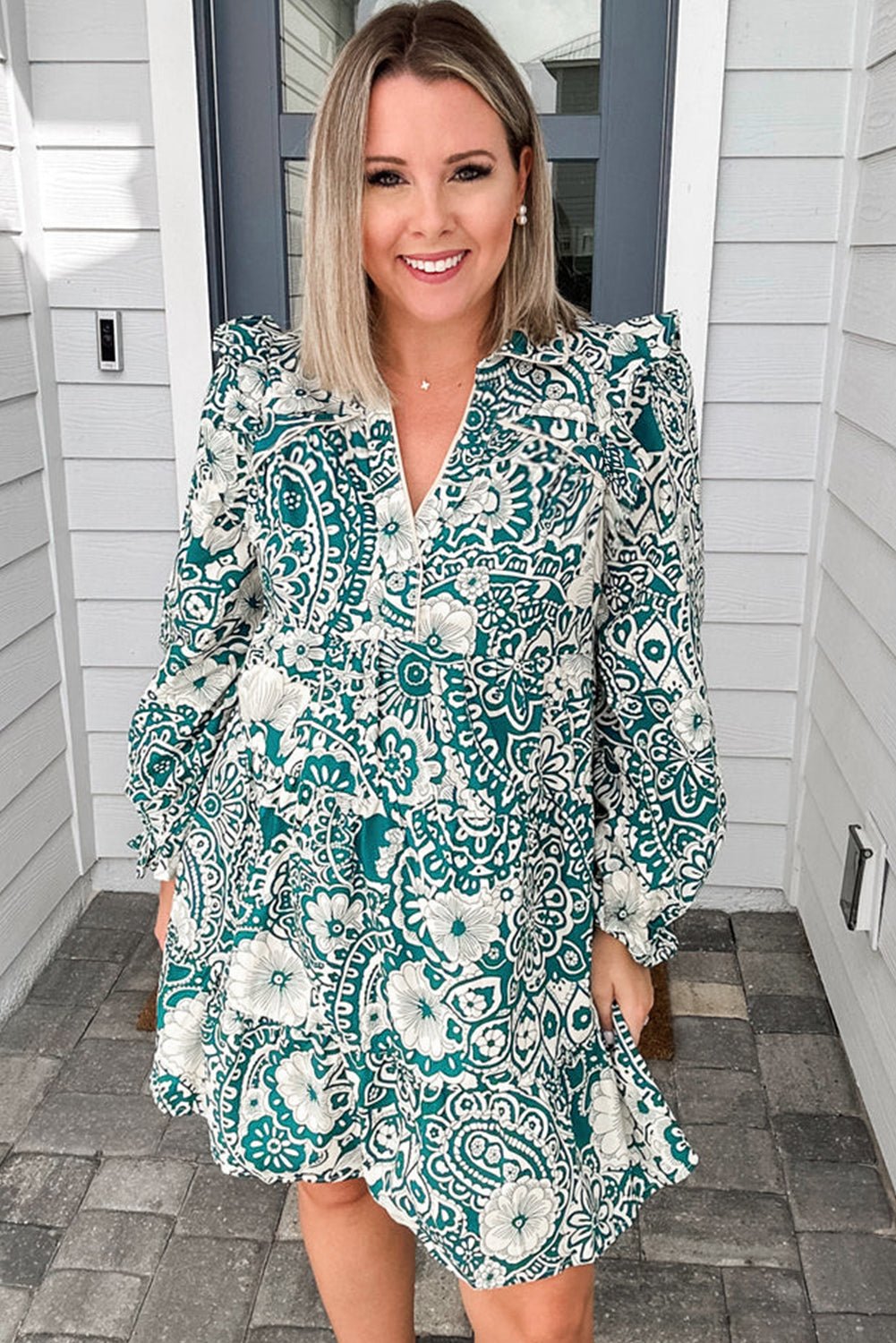 Green Boho Floral Puff Sleeve Split Neck Plus Size Dress - MAD RUFFI